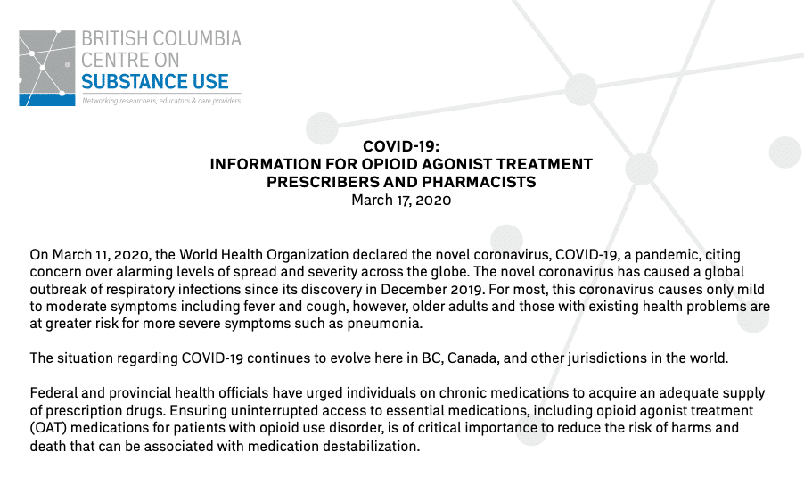 COVID-19: Information for OAT Prescribers and Pharmacists
